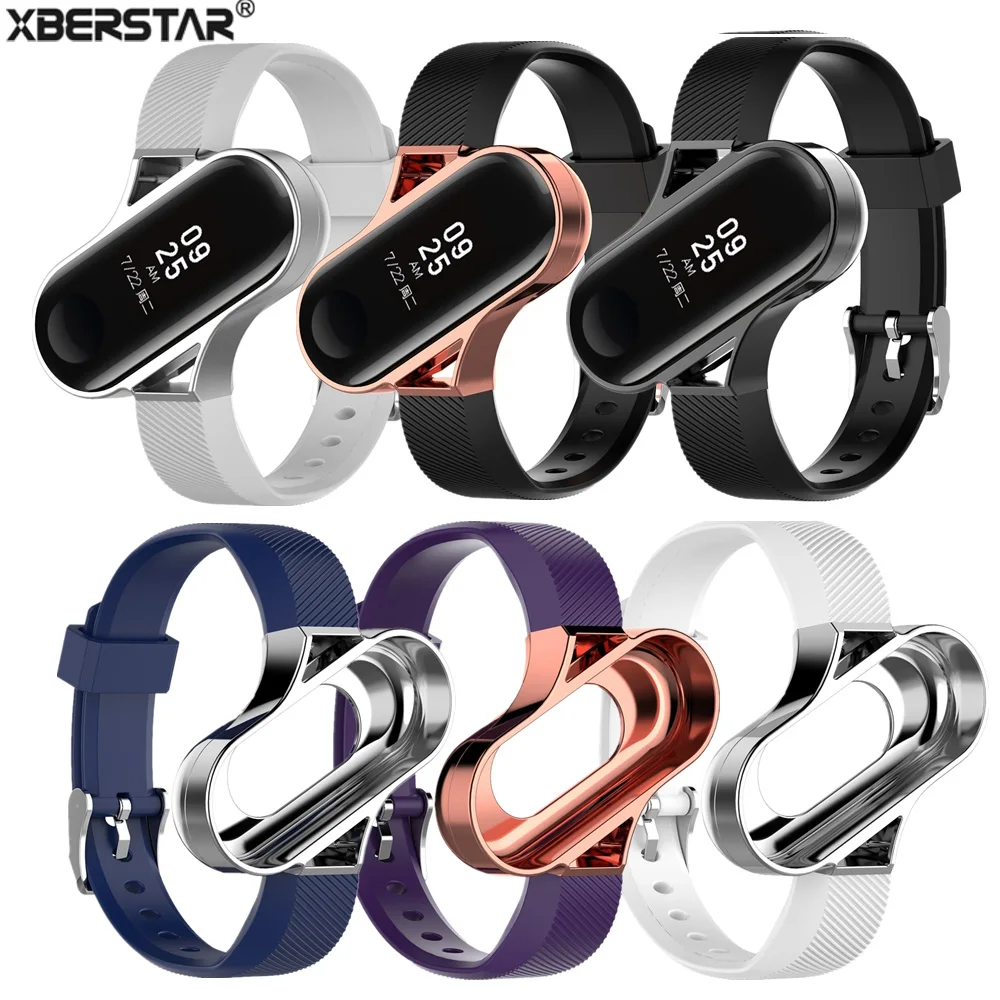 

XBERSTAR Wristband Strap for Xiaomi Mi Band 3 Smart Wristband Tracker w/ Shell Holder Silicone Watch Band Stainless Steel Case