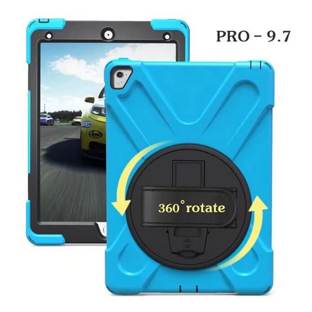 360 градусов вращающийся чехол для iPad Pro 9,7 A1673 A1674 A1675 сверхмощный силиконовый Жесткий ударопрочный чехол для детей чехол+ Флим+ ручка - Цвет: Sky Blue
