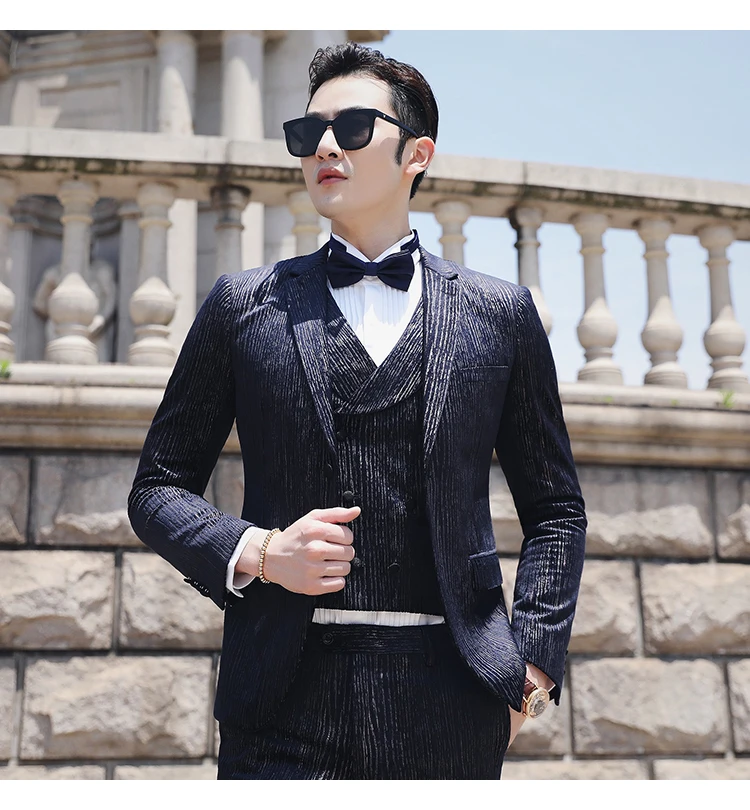 Повседневная одежда(Блейзер+ жилет+ брюки), Trajes De Hombre, костюм Mariage Homme Tuxedo,, осенние мужские костюмы в полоску, мужские деловые костюмы