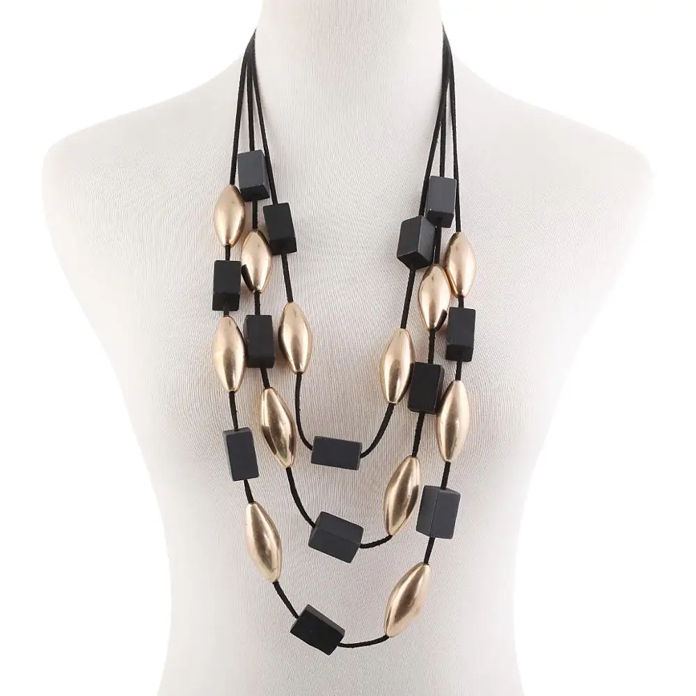 Ожерелье женское многослойное из черного дерева длинная массивная цепь с