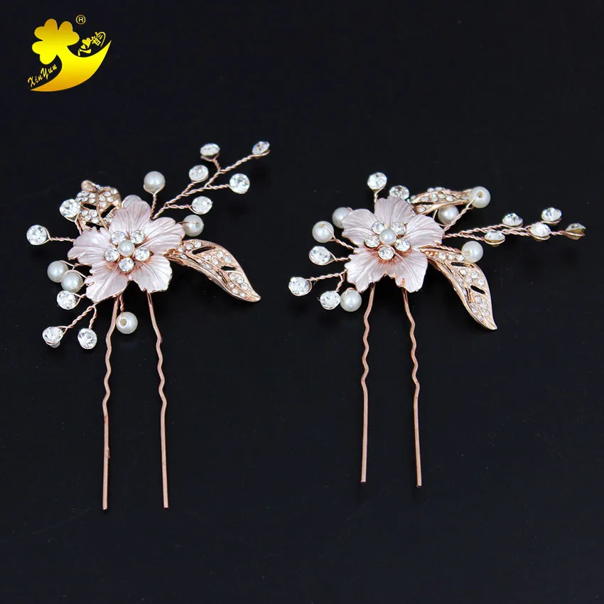 Xinyun New Romantic Hair Pins Accessories Golden Openwork Leaf Bridal Accessory Rhinestone Pearl U-Shaped Girl Hairpin | Украшения и