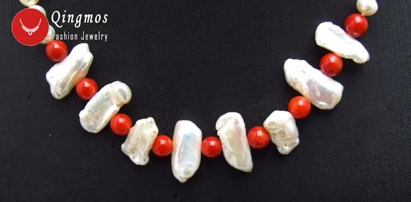 Qingmos Natural Pearl Necklace for Women with 6-7mm Round &amp12-15mm Biwa &amp 6mm Red Coral Jewelry 17'' Nec6126 | Украшения и