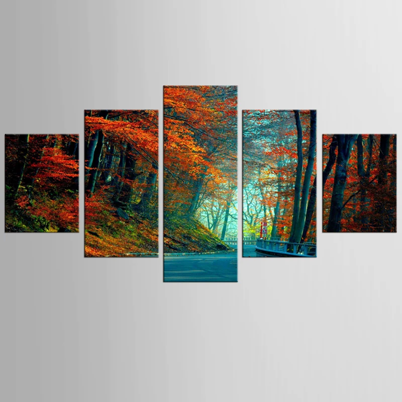 

5 панель красный в виде кленового листа дорога пейзаж холст Фреска Искусство украшения дома гостиная холст печати Современная живопись ...
