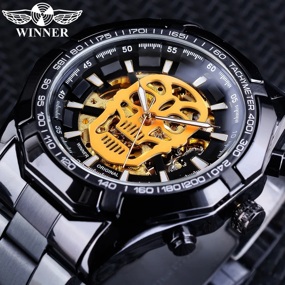 

Winner Steampunk Series Golden Skull Skeleton Clock Black Stainless Steel Luminous Hands Men's Automatic Watch Top Brand Luxury