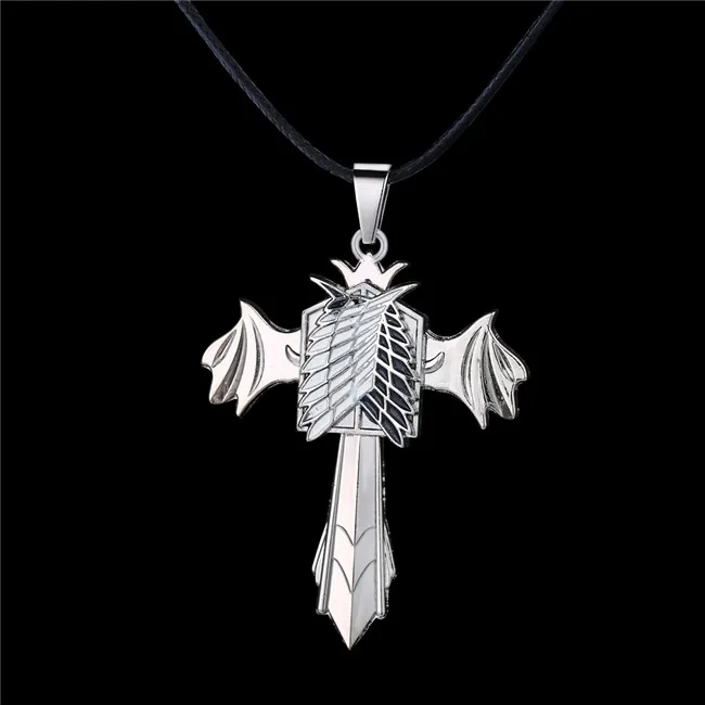 

MJ Jewelry Attack on Titans Cross Pendant Necklace Sword Wings Rotatable Quality