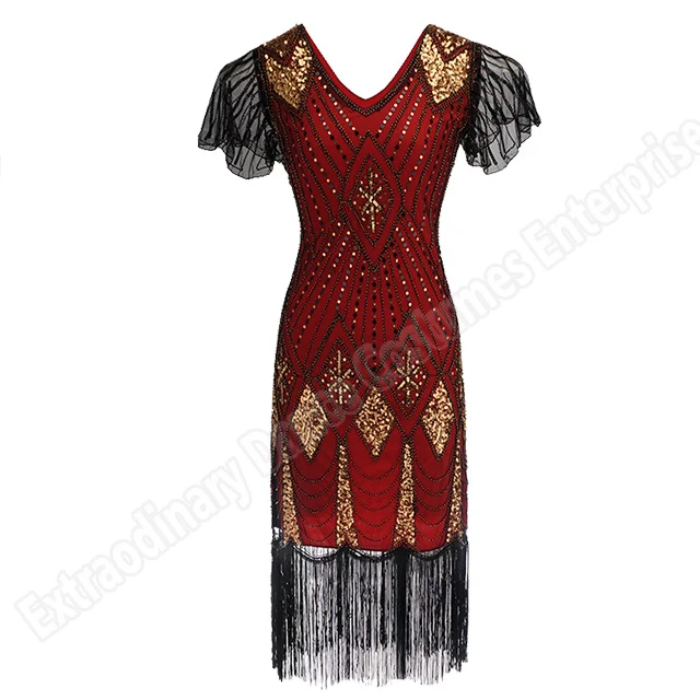 Red And Golden Платье Грейт Гэтсби, женское, 1920 s, Ретро стиль, с блестками, арт-деко, двойное, Хлопушки, платья, Винтаж, v-образный вырез, вечерние платья, украшенные бахромой - Цвет: Red And Golden
