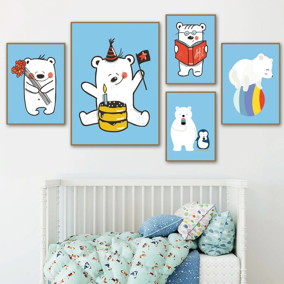 Little Bear Penguin Cake Book Flowers Wall Art Canvas Painting Nordic Posters And Prints Pictures Baby Kids Room Home Decor | Дом и сад