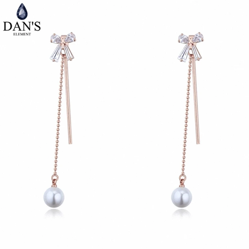 

DAN'S Element 3 Colors Real Austrian Crystals Bowknot Long Pearl Earrings for Women Valentine Gift New Fashion 127189