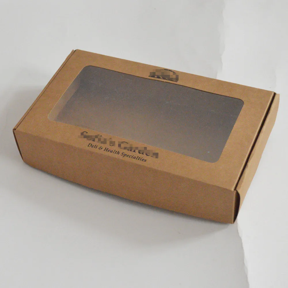 

200pcs lot 20.5*12*4.5cm Personalized Print Customer Logo Folding Kraft Paper Box with Pvc Window For Packing Wedding Gifts