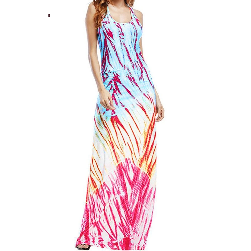 Женское повседневное пляжное платье разноцветное длинное без рукавов с u