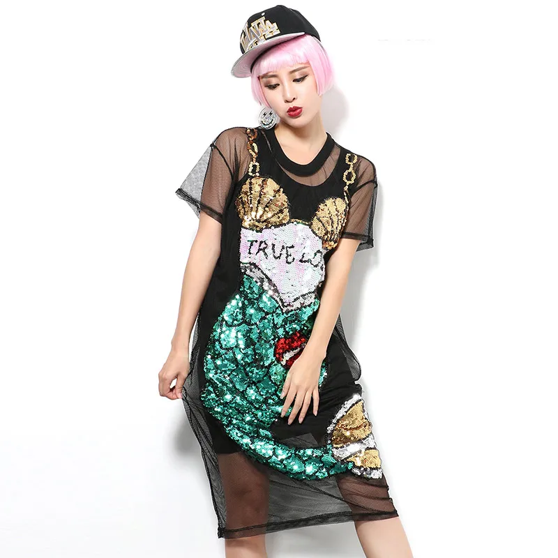 

Летнее женское сексуальное черное мультяшное Сетчатое платье с блестками и юбкой-годе женское прозрачное пляжное платье 1573