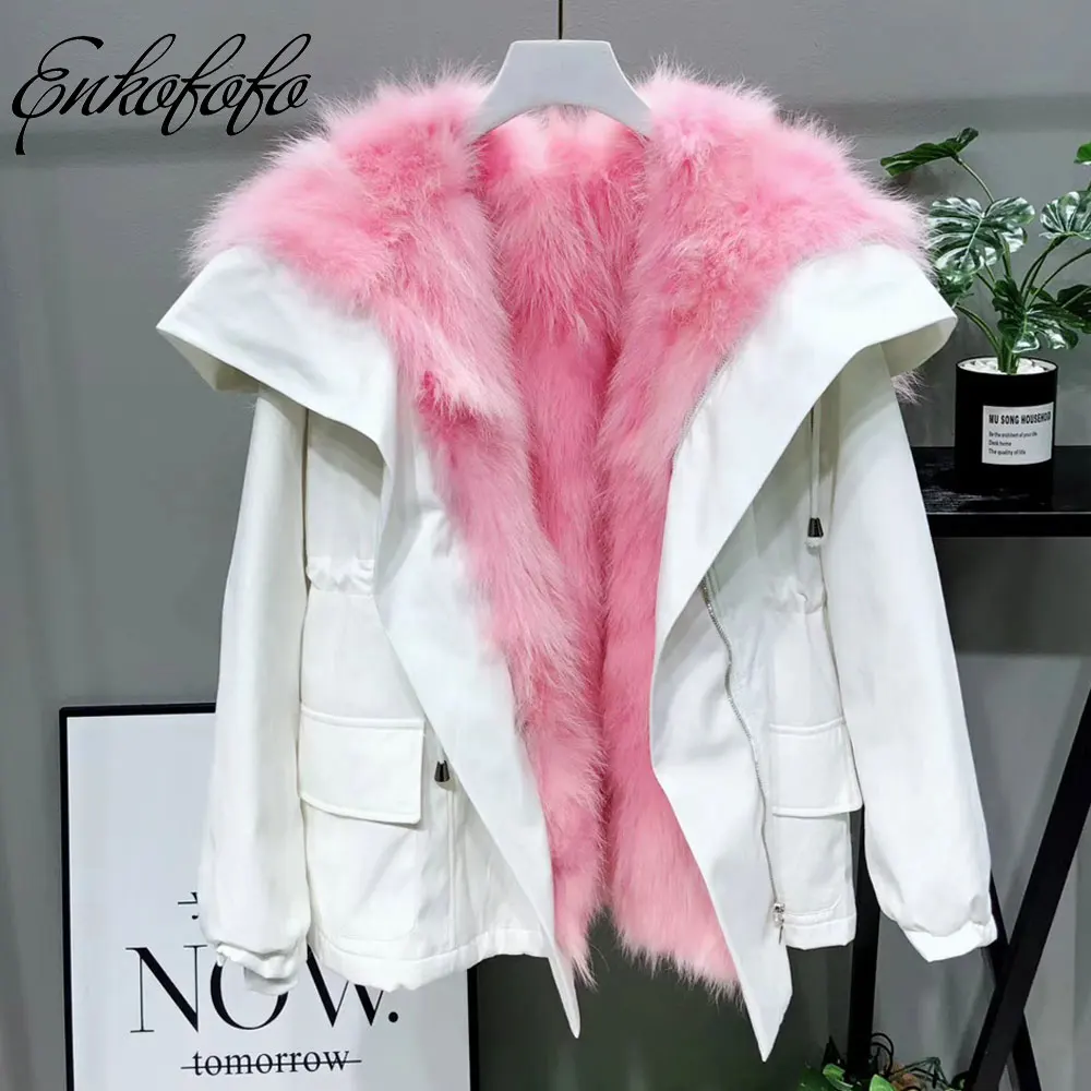 2019 Women Real Fox Fur Collar Coat Natural White Raccoon Liner Detachable Loose Thick Warm Winter Jacket Hooded Parkas | Женская одежда