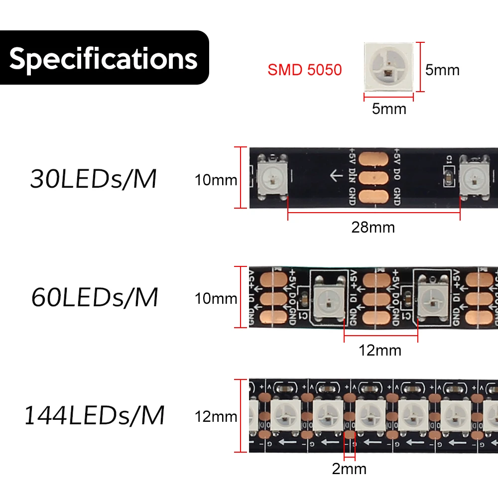 5 в полноцветная WS2812 Светодиодная лента RGB 30/60/144 светодиодов/m умная IC WS2812B