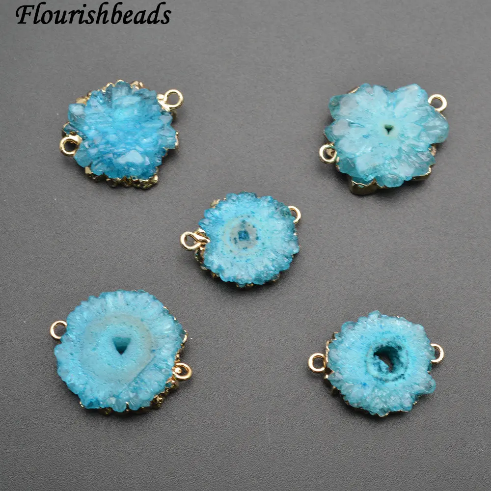 

Flat Oval Blue Druzy Quartz Two Loops Stone Jewelry Connectors Gold Plating Necklace Links 5pc per lot