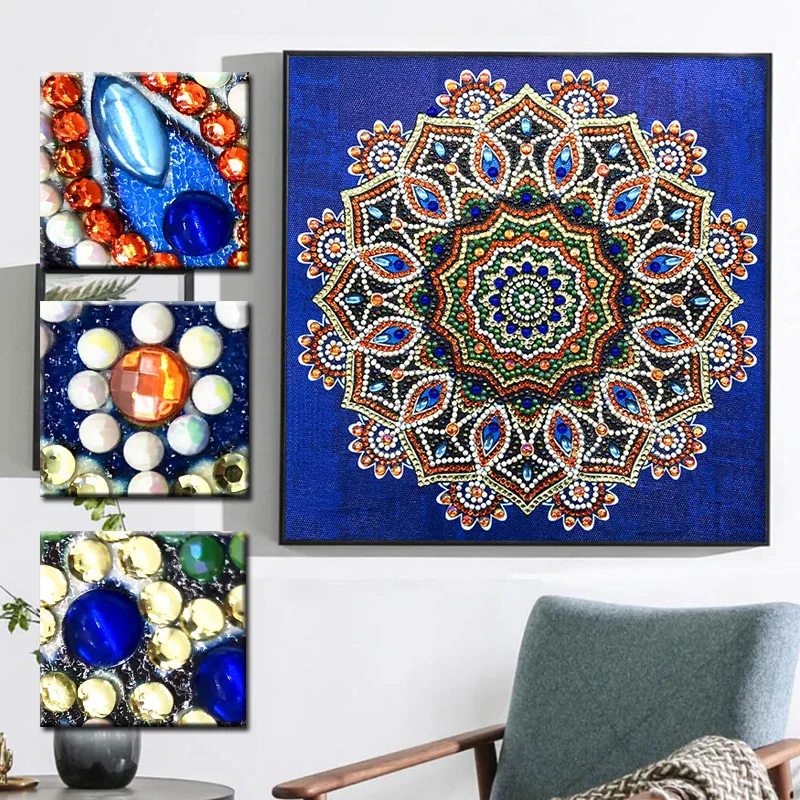 Алмазная живопись RUBOS синий цветок мандалы Триптих сделай сам 5D алмазная вышивка