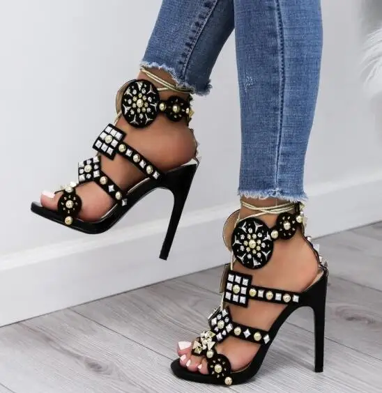 

Moraima Snc Black Rivets Lace up Sandals Stiletto Heel Strappy Sandals Open Toe High Heel Shoes Woman Cutouts Party Dress Heels