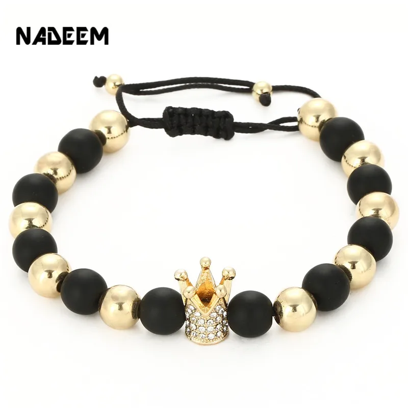 

Top Brand Fashion Imperial Gold Crown Charm Men's Bracelet Famous Micro Pave Crystal Bead Trendy Braiding Weave Macrame Bracelet