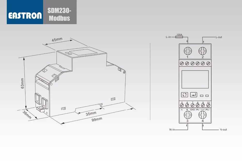 SDM230 Modbus 220/230 В однофазный счетчик энергии, двойной DIN модуль, двунаправленный, многофункциональный, RS485/Modbus выход не MID