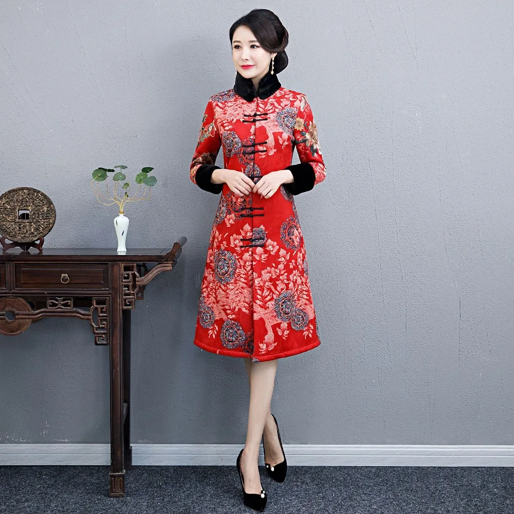 2019 new Winter Qipao Traditional Chinese Dress for Women long Sleeves Vestidos Vintage Pinch cotton Cheongsam Slim Party | Тематическая