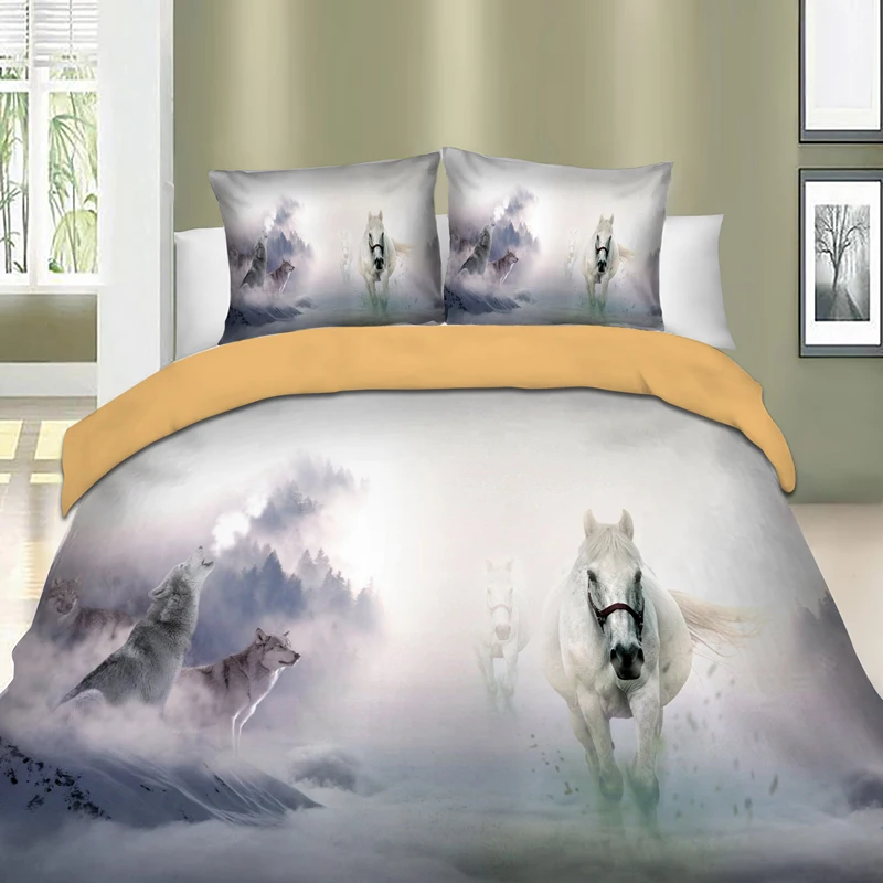Black Horse Wolf Printed Bedding Set Twin Full Queen King Duvet Cover Single Double Size Bedclothes For Children Kid Adult | Дом и сад