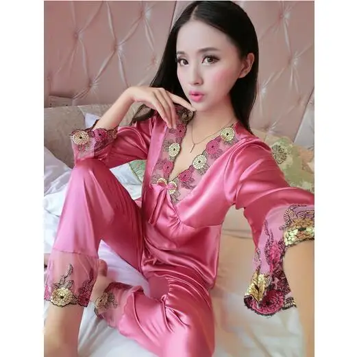 Женская шелковая пижама Сезон весна лето Женские атласные пижамы с кружевной