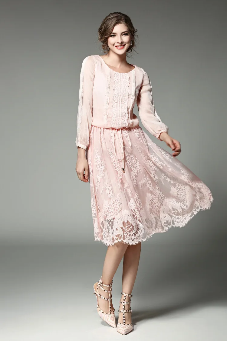 Осень 2017 г. Женщины Розовый o образным вырезом Фонари рукавом Кружева платье дамы