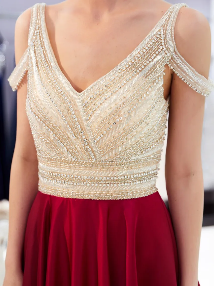

Elegant 2018 Burgundy Evening Dresses Off shoulder Beaded Crystal Prom Dress Formal Evening gown Vestido de Festa SQS54688
