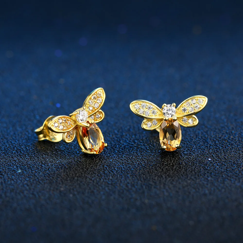 Серьги гвоздики с Пчелой 5x7 мм 1ct 100% натуральный цитрин Стерлинговое Серебро 925