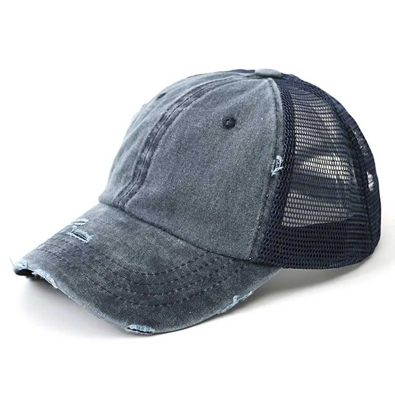 Navy blue Distressed бейсбольная кепка грязная булочка шапка с отверстием для хвоста Женская сетчатая Кепка Дальнобойщика s промытая хлопковая регулируемая бейсболка хип-хоп кепка летняя кепка - Цвет: Navy blue