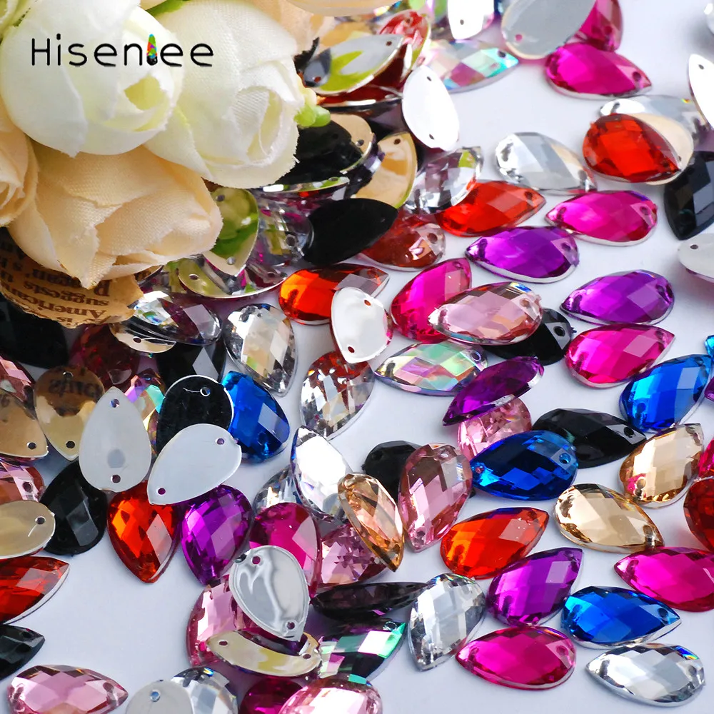 Hisenlee, 100 шт, 8x13 мм, Пришивные прозрачные AB кристаллы, каплевидные, 2 отверстия, плоская задняя сторона, акриловые Стразы для шитья, стразы для украшения своими руками