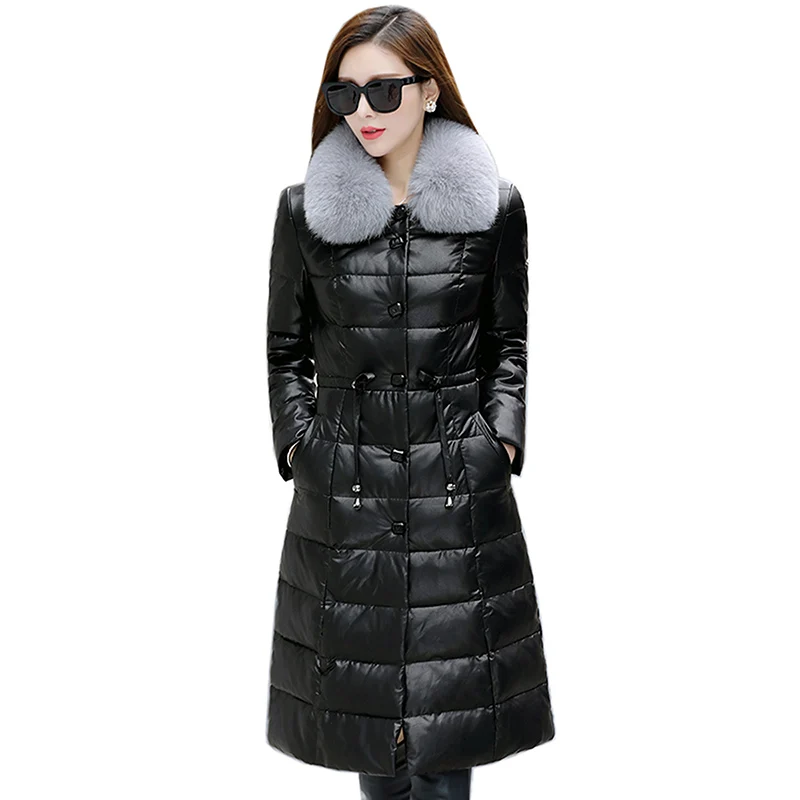 Kopen 208 Lange Vrouwen Winter Down Jas Vrouwelijke Witte Eendendons Womens Hooded Ultra Licht Donsjack Bontkraag Lederen Slanke Down Jas