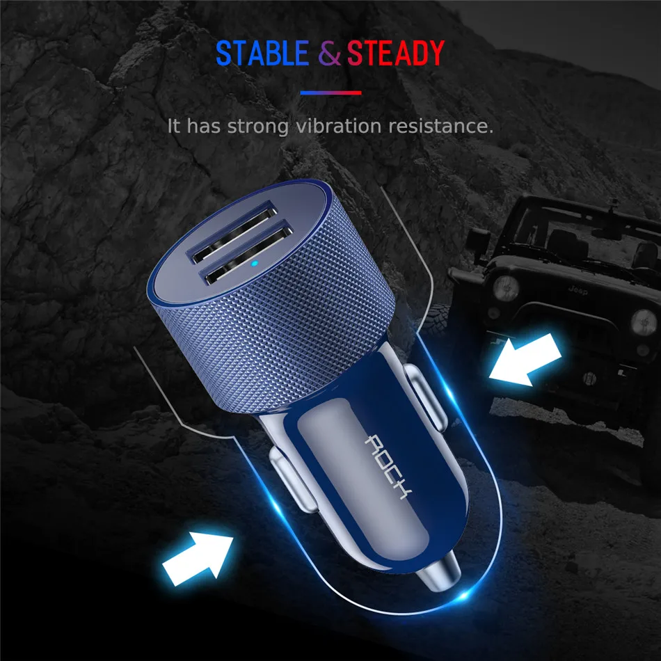 ROCK Dua-usb автомобильное зарядное устройство с выходом 2,4 а, быстрое зарядное устройство для мобильного телефона, адаптер для путешествий, прикуриватель, DC 12-24 в, металлическое автомобильное зарядное устройство