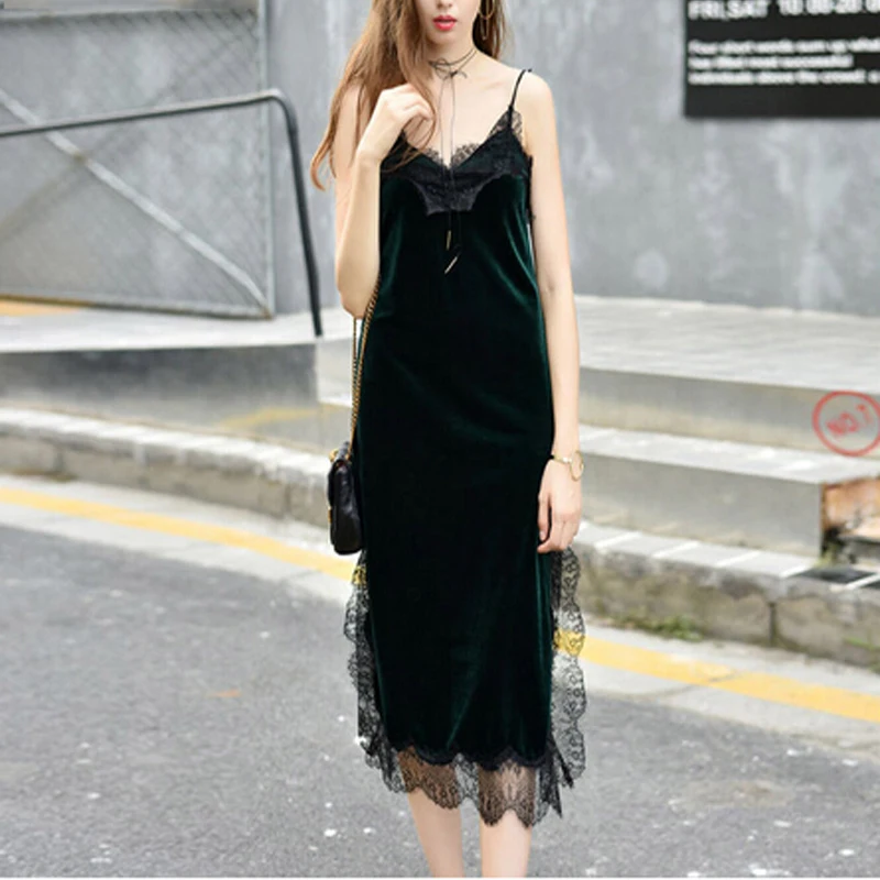 SESOAF сексуальные черные бархатные платья на бретельках кружевные гладкие Длинные