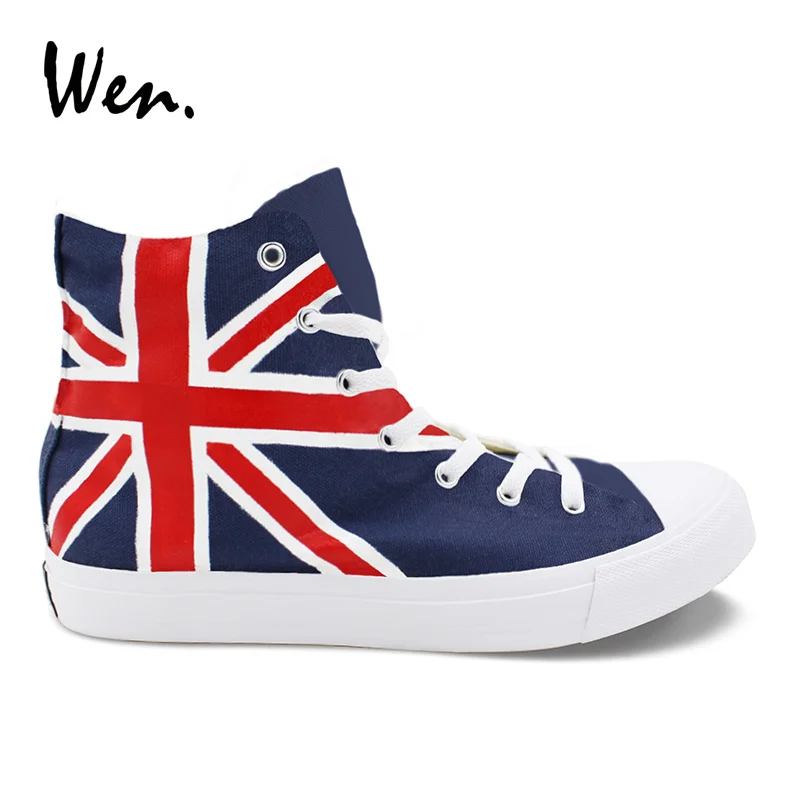 Wen Unisex Design Hand Painted Flag Shoes The Union Jack High Top Blue Canvas Sneaker Adult Boy Girl's Skateboard Footwear | Спорт и