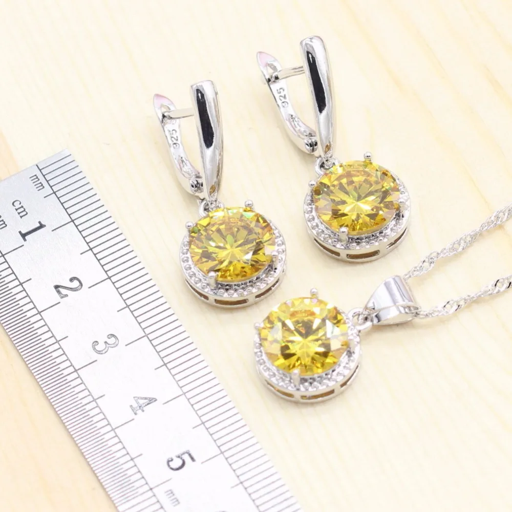 Серебро 925 пробы Женские Ювелирные наборы желтые белые камни круглые браслеты, подвесные колье висячие серьги кольца ювелирные изделия