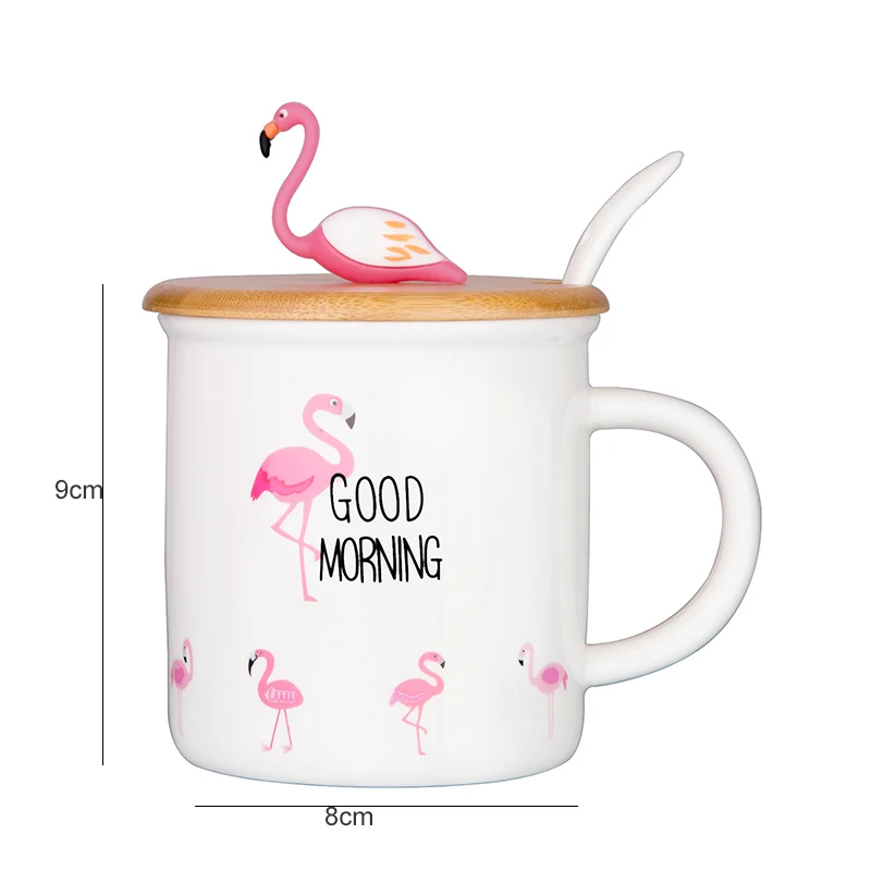 Unibird 3D Мультяшные Фламинго керамические молочные кофейные кружки с ложкой и деревянной крышкой 400 мл милые фарфоровые чайные чашки подарок для девочек