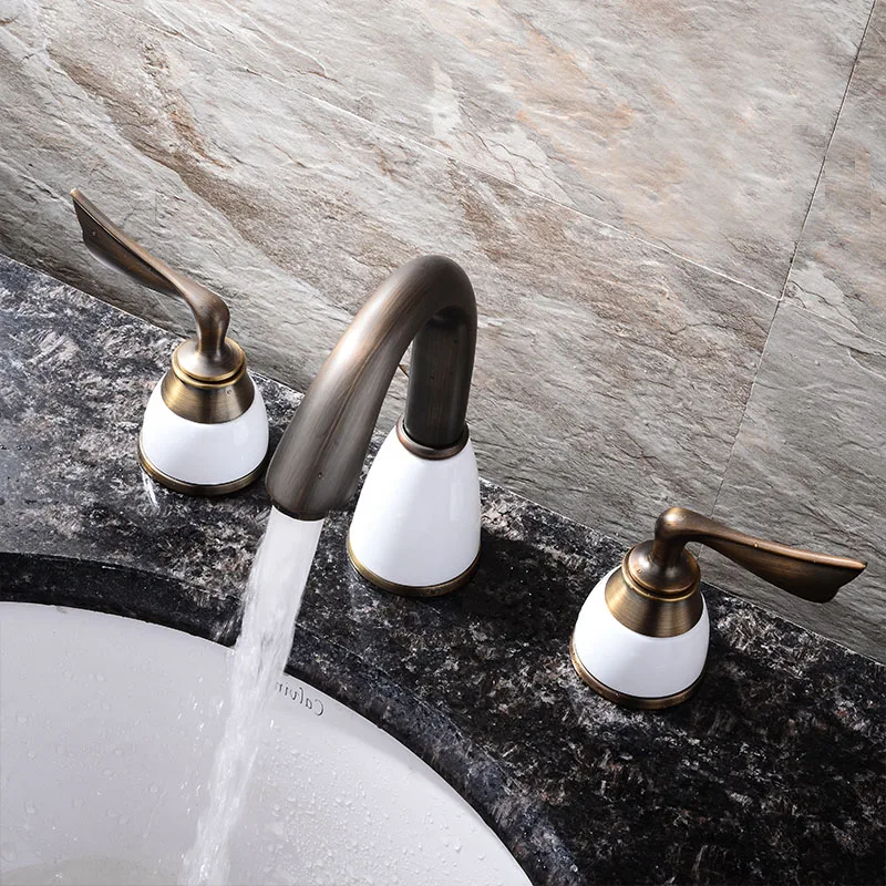 Bathroom Sink Faucets Antique Brass Color Deck Mounted Waterfall White Porcelain Hot and Cold Water Mixer Tap MPSK036A | Обустройство