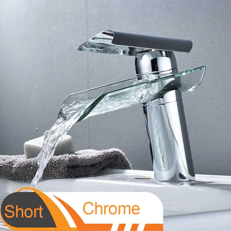 Short Chrome B Стеклянный водопад, кран для раковины, одна ручка, одно отверстие, для ванной комнаты, смесители для горячей и холодной воды, санузел, раковина, кран для мытья - Цвет: Short Chrome B