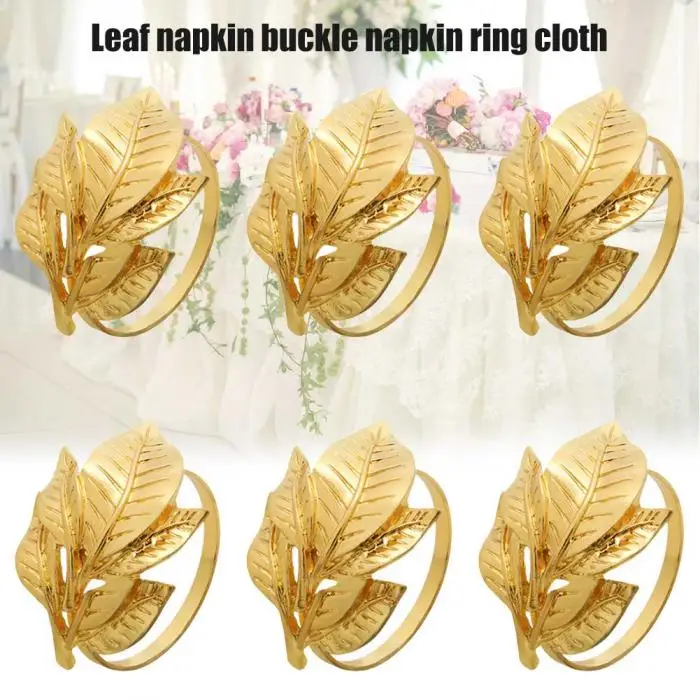 6pcs Golden Napkin Buckle Rings Leaves Shaped for Wedding Banquet Dinner Table Decor@LS