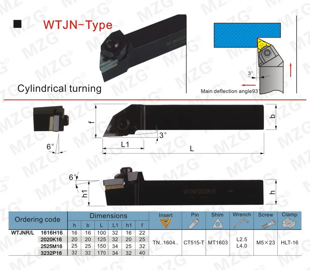 MZG W WTJNL1616H16 16*16 20*20 держатели внешних карбидных токарных инструментов Токарный станок с ЧПУ обработка Арбор расточные инструменты держатель режущий стержень