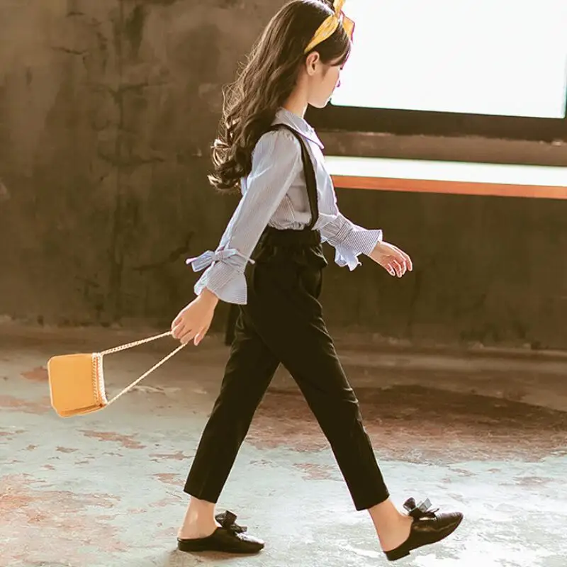 2018 осенний комплект одежды для маленьких девочек подростков комплекты полосатая