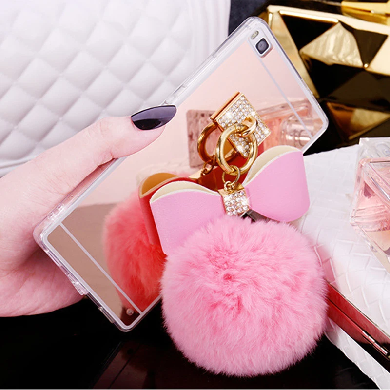 For Huawei P20 Glitter Fake Rabbit Fur Ball Mirror Case Honor 9 8 7 6X V8 Lite Cover Coque Shell Housing |