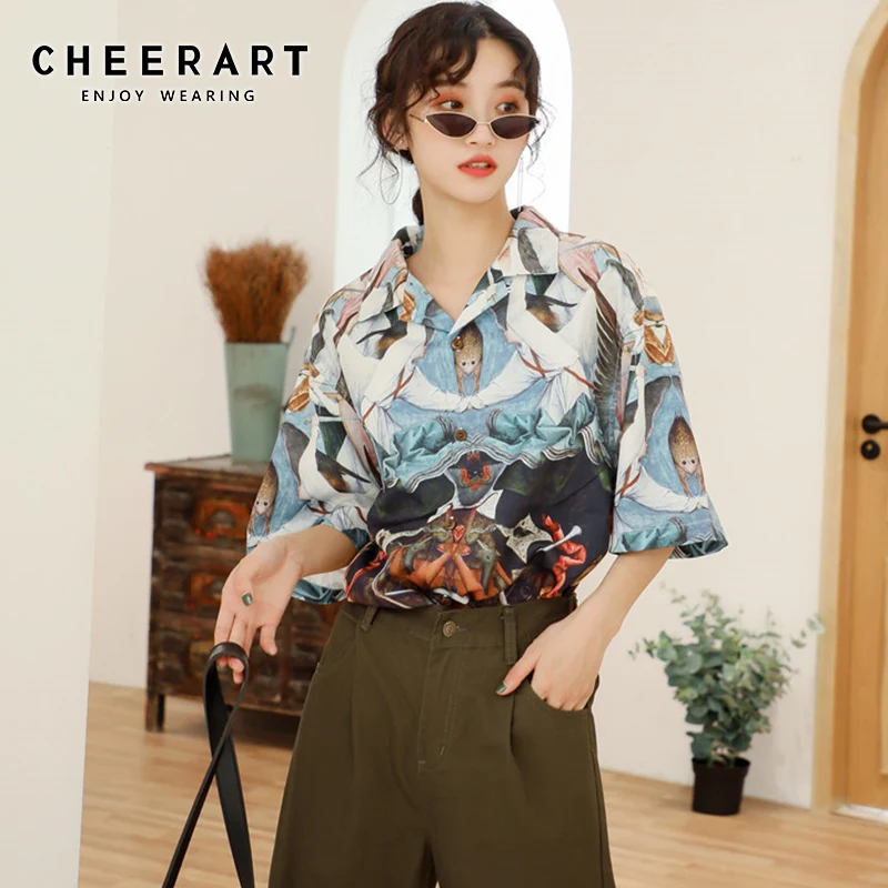 Винтажный Топ Cheerart женские рубашки летние дизайнерские блузки свободная рубашка