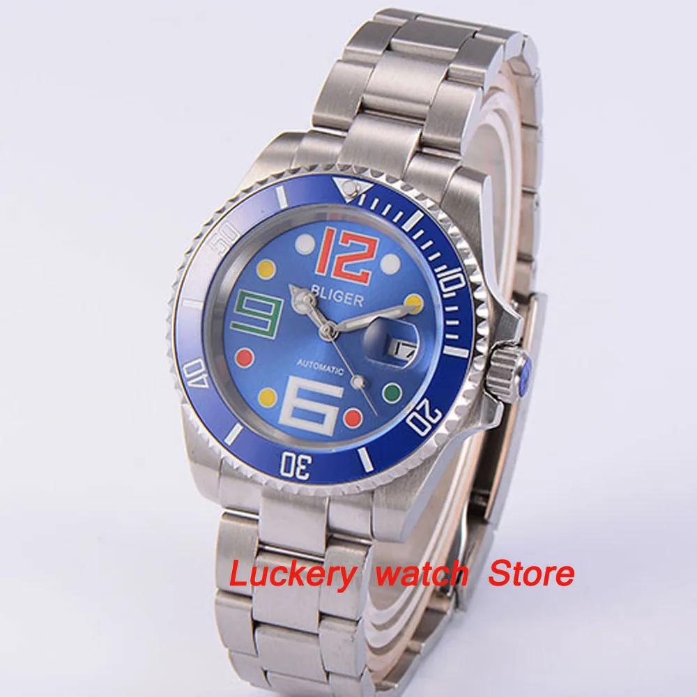 

Bliger 40mm blue dial luminous saphire glass;blue Ceramic Bezel SUB Automatic movement men's watch-BA24