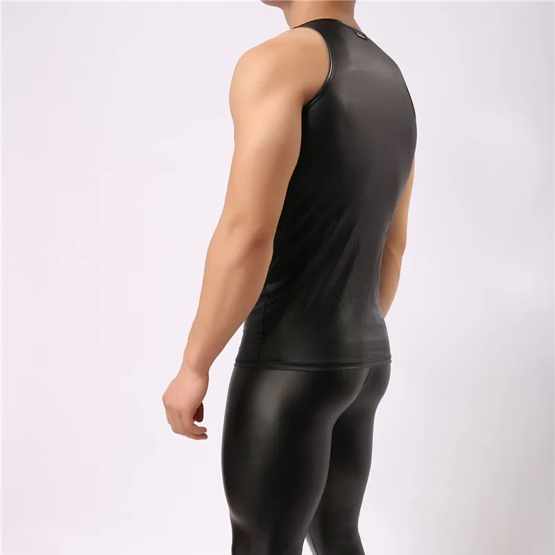 Sexy Men's T-Shirt Black Faux Leather Short Sleeve PU Undershirt Tank Top Vest Waistcoat Underwear Gay Male Undershirt