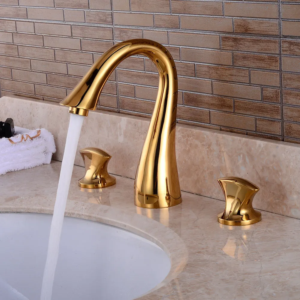 

Basin Faucets Brass Golden Finish 3 Holes Double Handle Bathroom Sink Faucet Luxury Bathbasin Bathtub Taps Hot Cold Mixer Water