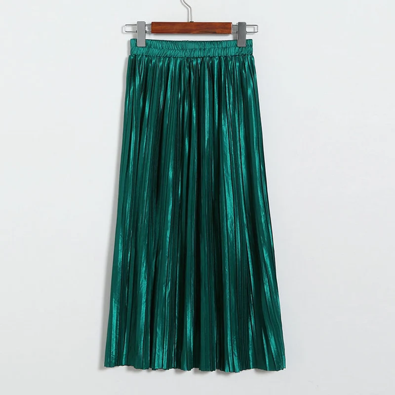 Dark-Green Qiuxuan, летняя блестящая плиссированная юбка цвета металлик, женская мода, эластичная высокая талия, длина по щиколотку, Длинные повседневные вечерние юбки макси - Цвет: Dark-Green