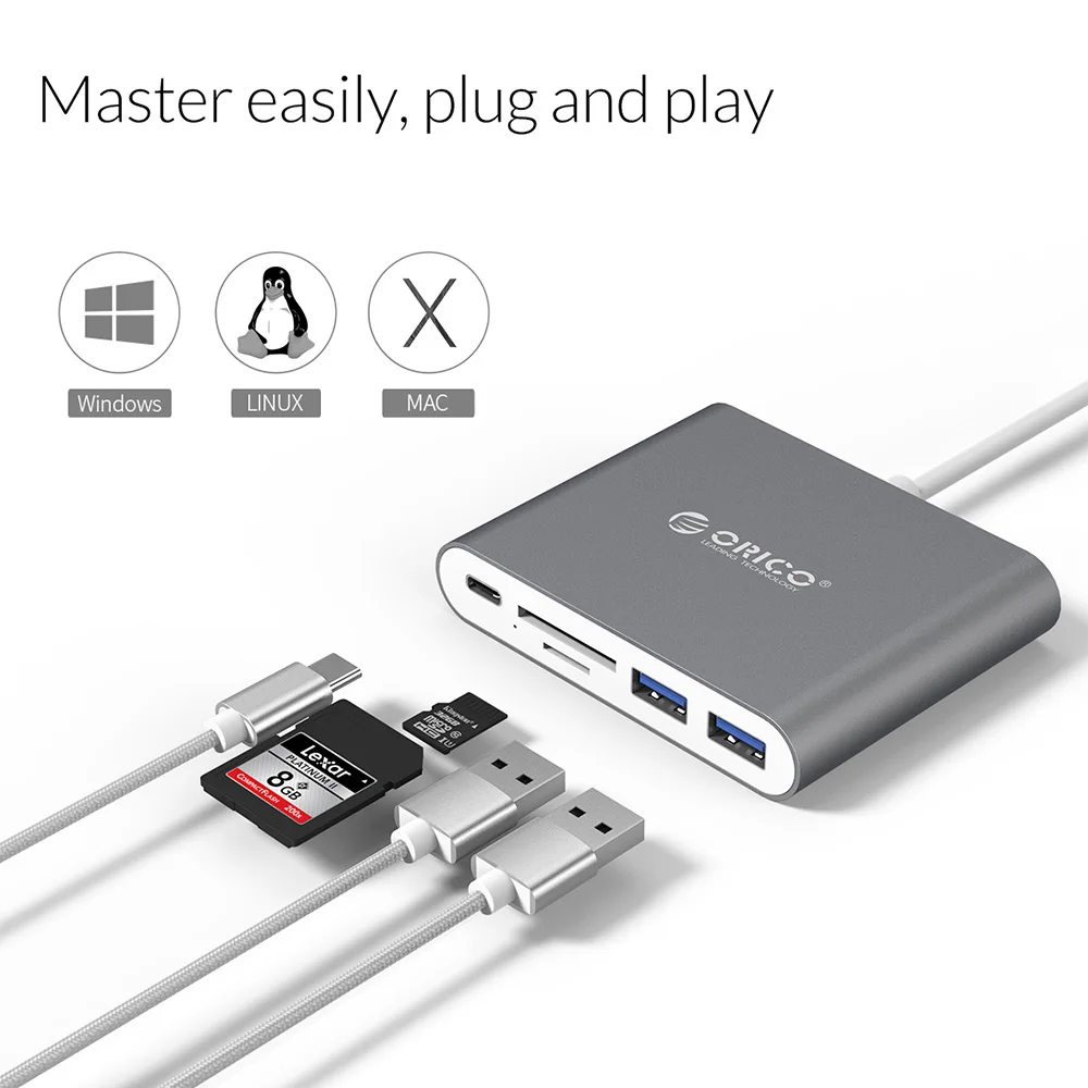 Алюминиевый Концентратор ORICO Type C с кардридером USB3.1 Gen1 2 портами USB 3 0 поддержка
