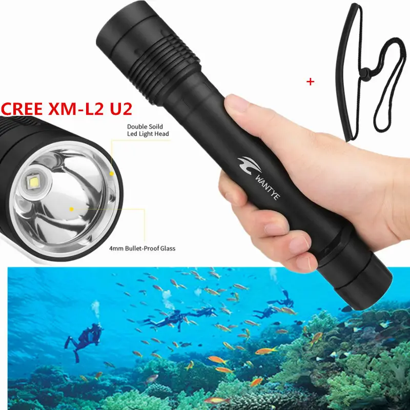 100 м Дайвинг фонарик светодидный фонарь для дайвинга лампа XM L2 Diver факел 6000 люмен