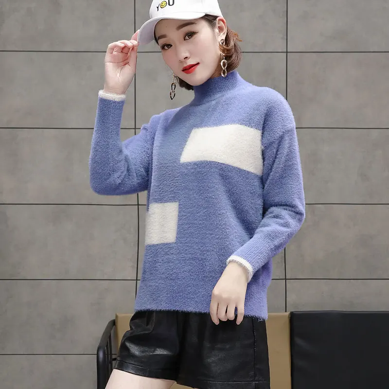 2018 New Women's Sweater Lose Wool Imitation Mink Cashmere Turtleneck Long Sleeve Pullover Knitted Female Winter | Женская одежда